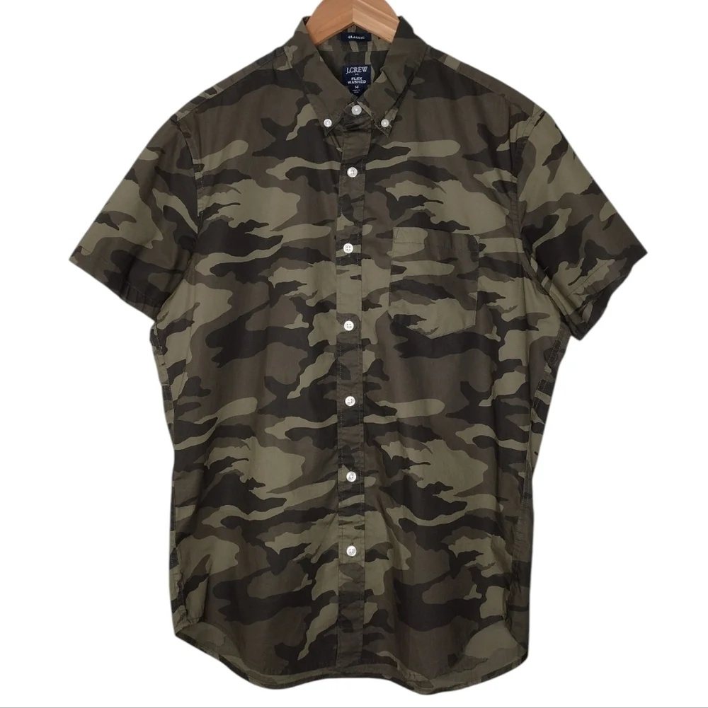 J. Crew Men's Camouflage Flex Washed Short Sleeve Casual Button Down Shirt Sz M